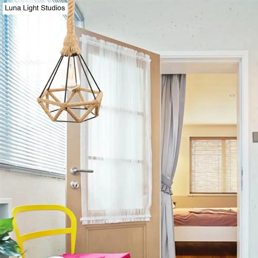 1-Light Geometric Pendant Lamp - Lodge Style Beige Metal Ceiling Light with Rope-Weaved Frame