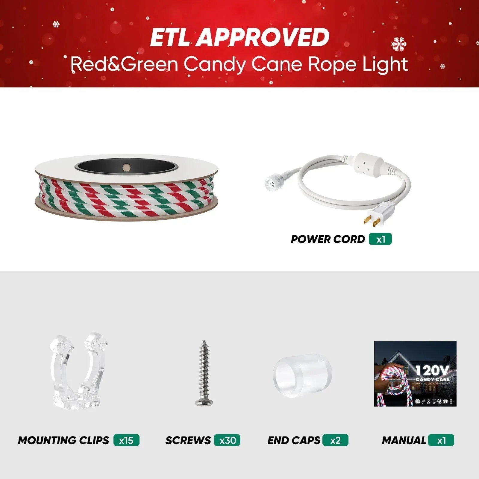 110V Candy Cane Rope Light 11000K White Red Green Christmas Rope Light