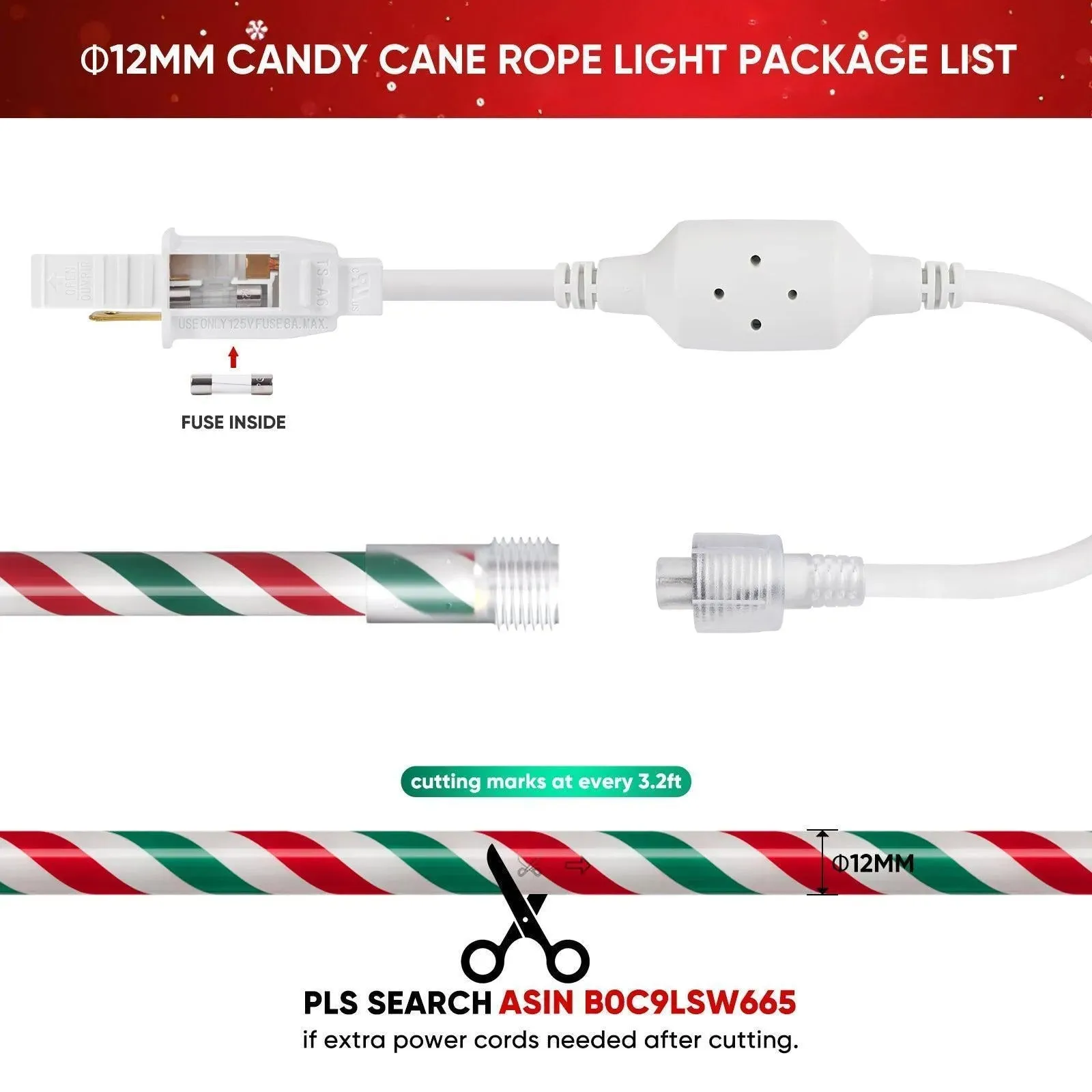 110V Candy Cane Rope Light 11000K White Red Green Christmas Rope Light