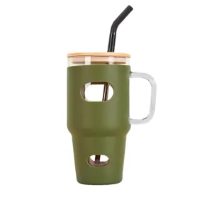 1.1L Reusable Glass Tumbler Cup With Bamboo Lid And Straw If-96 Green