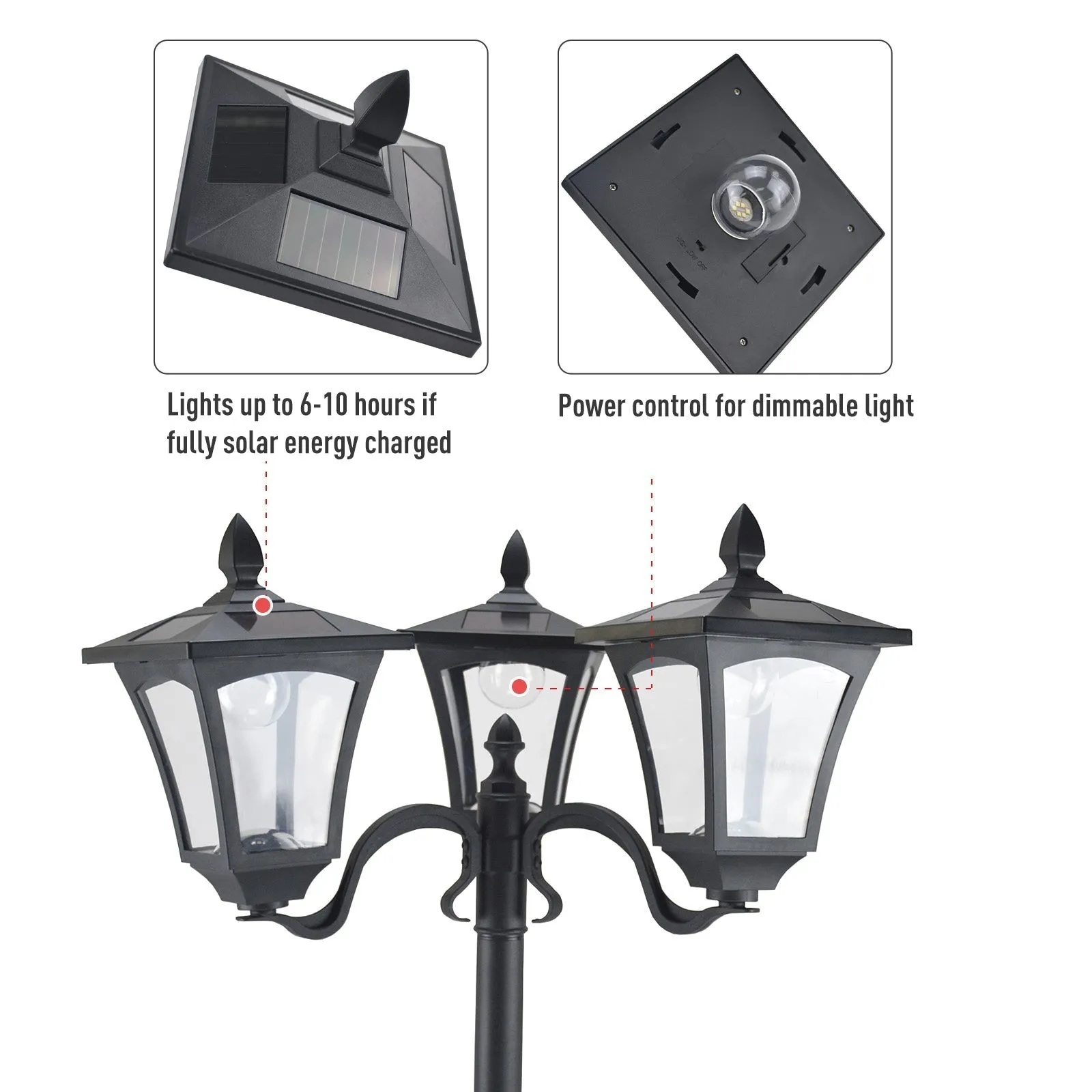 1.8m Traditional Victorian Style 3 Way Head Outdoor Garden Solar Post Lamp Sensor Dimmable LED Lantern Bollard Pathway IP44 – Black