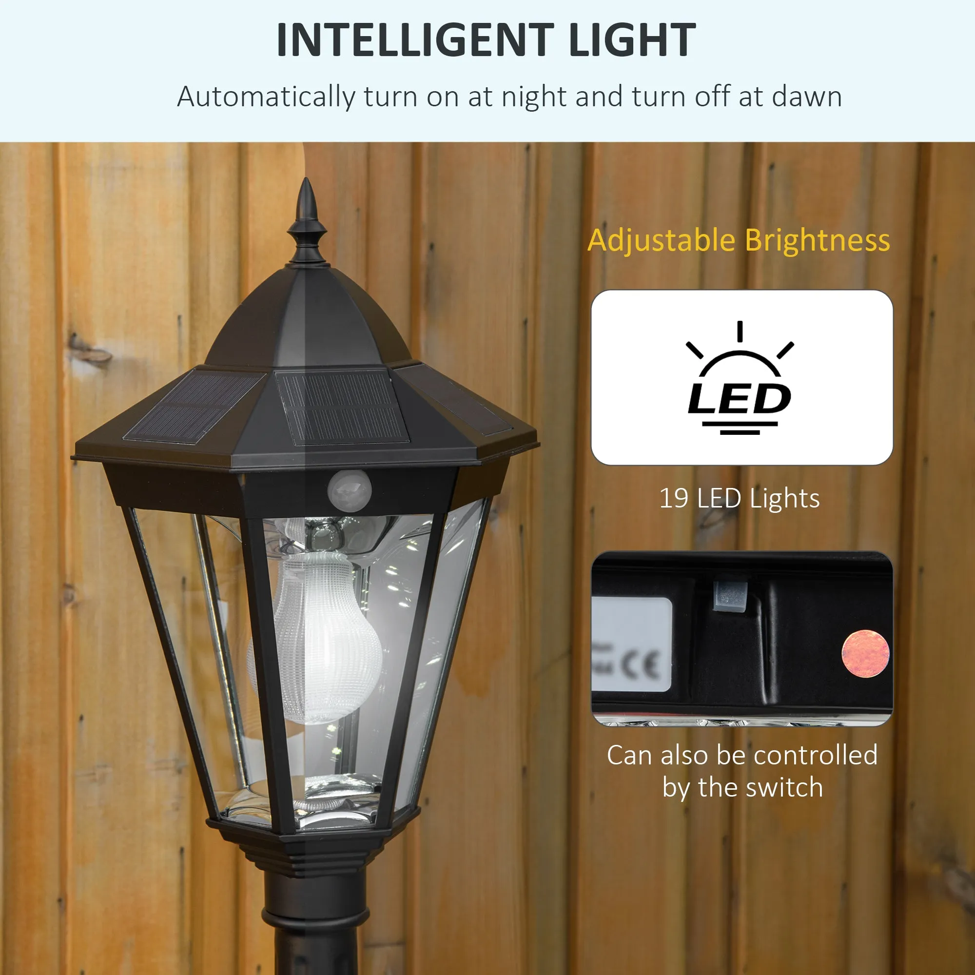 1.9M Garden Lamp Post Light, IP44 Outdoor LED Solar Powered Lantern Lamp with Aluminium Frame for Patio, Pathway and Walkway, Black