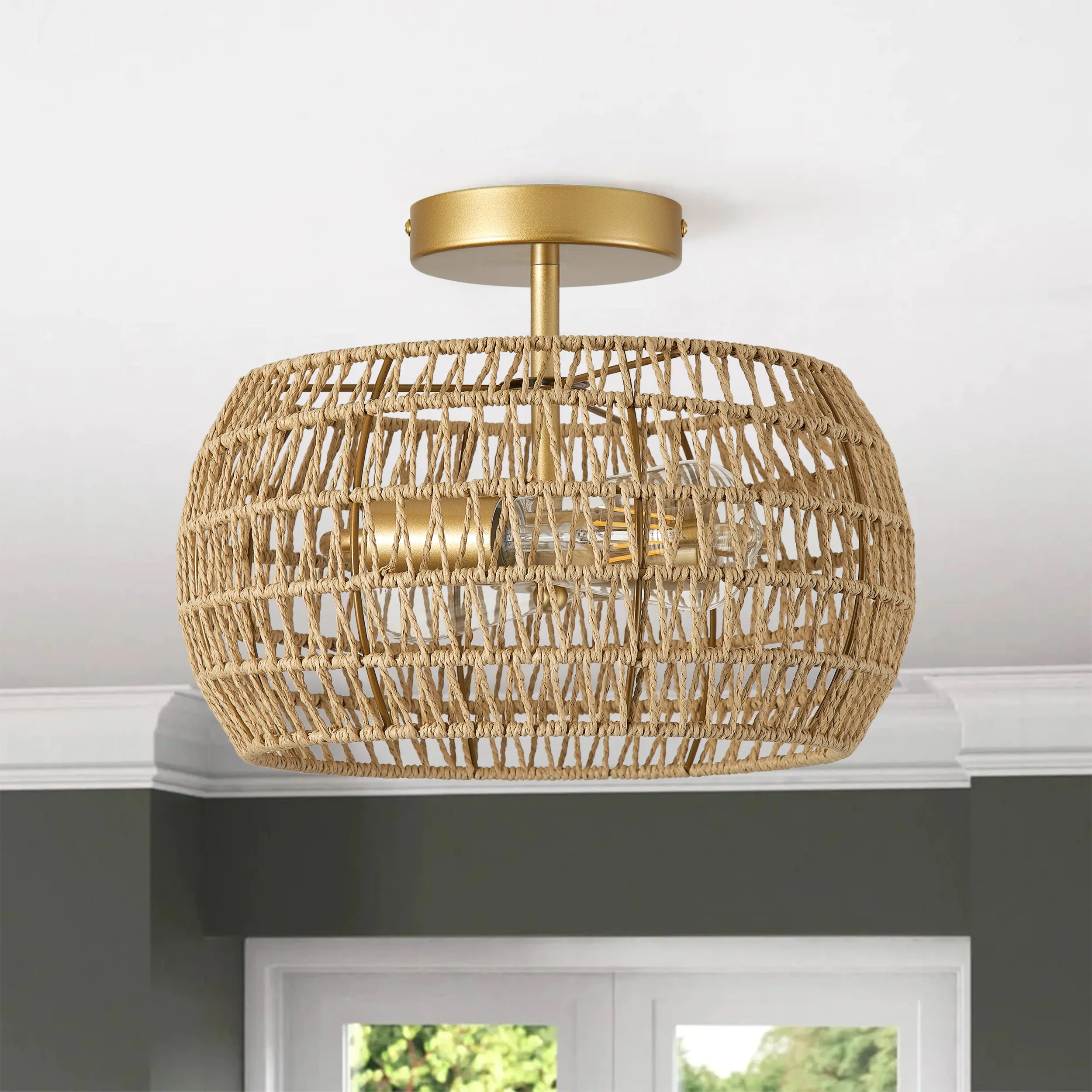 2-Lights Paper Rope Lantern Shape Semi-Flush Mount Lighting