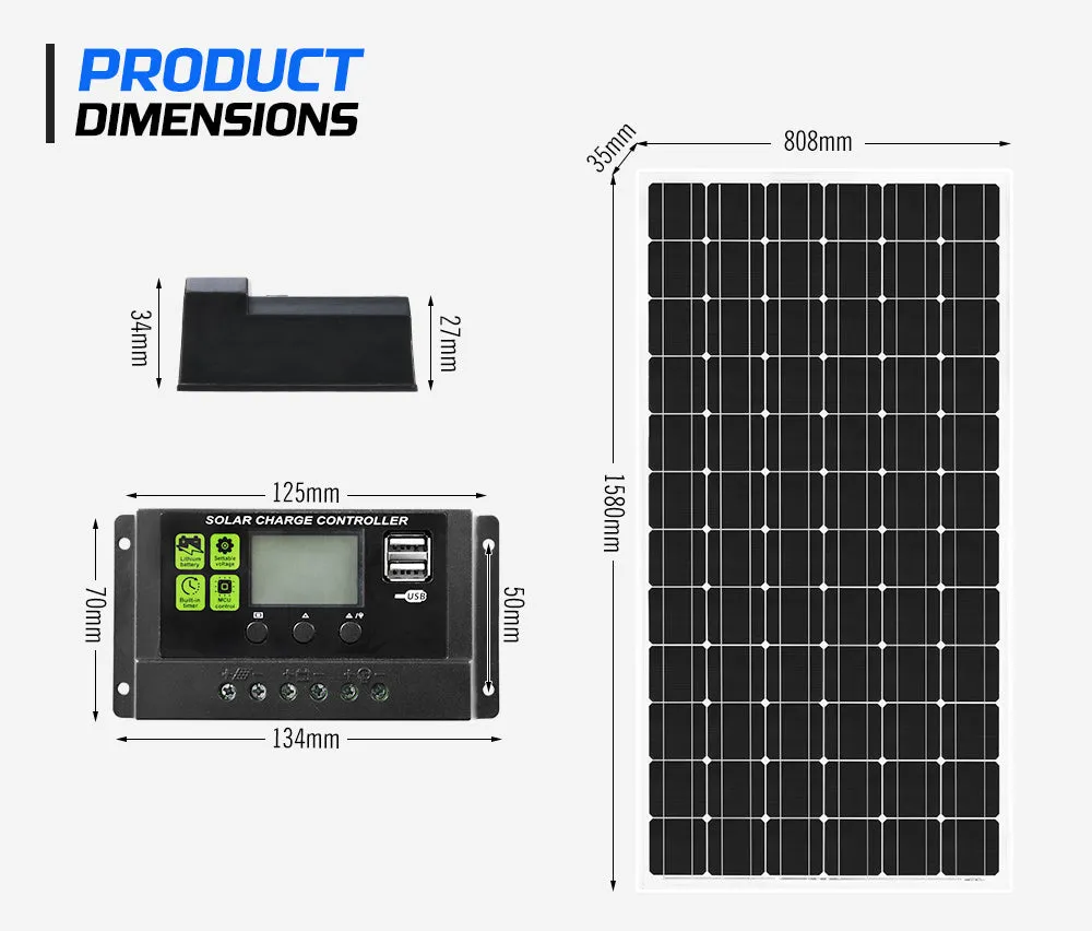 250W 12V Solar Panel Kit Mono Fixed Camping Caravan Boat Power Battery Charging