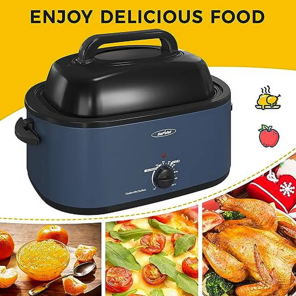 26 Quart Electric Turkey Roaster Oven with Visible Glass Lid,Removable Pan & Rack, Stainless Steel,Blue