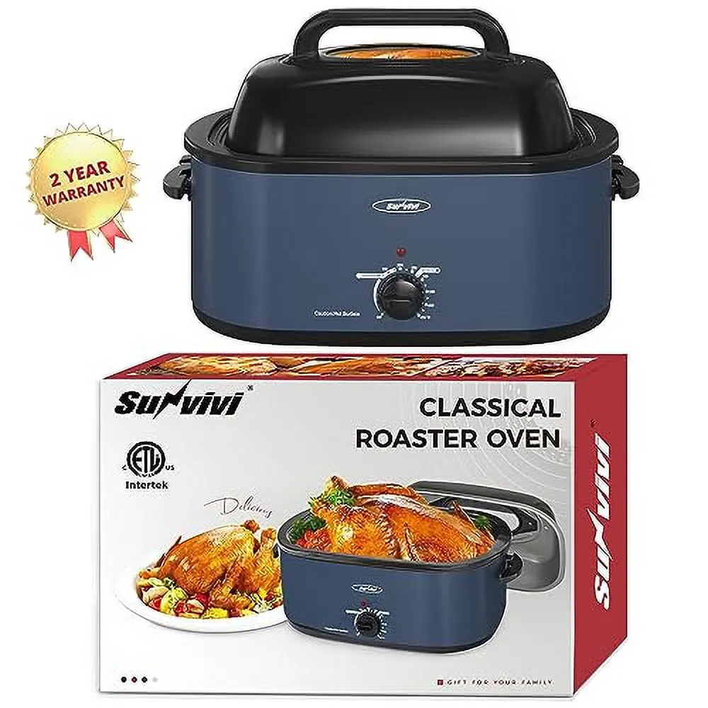 26 Quart Electric Turkey Roaster Oven with Visible Glass Lid,Removable Pan & Rack, Stainless Steel,Blue