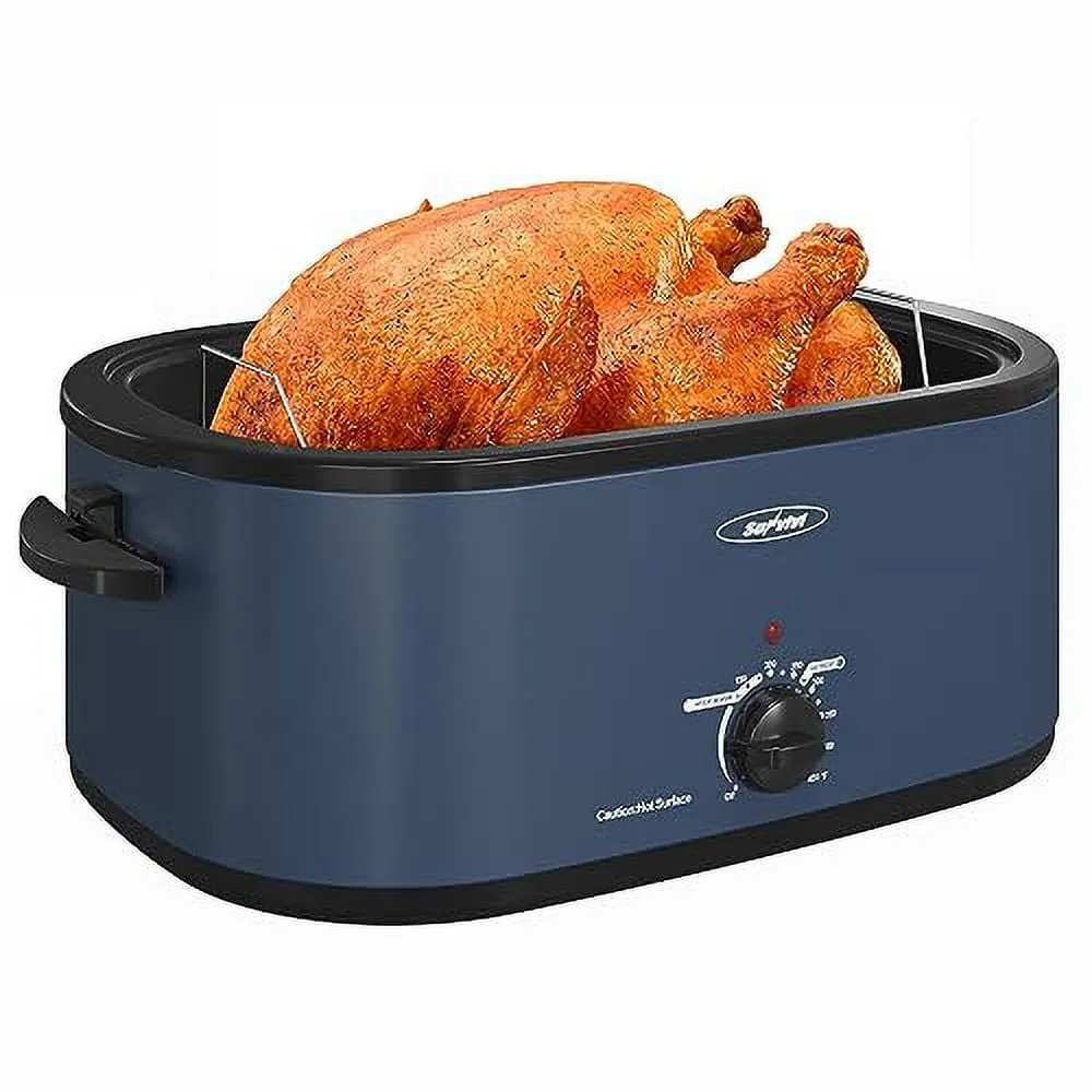 26 Quart Electric Turkey Roaster Oven with Visible Glass Lid,Removable Pan & Rack, Stainless Steel,Blue