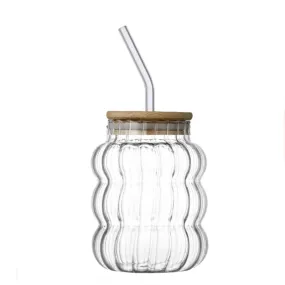 650Ml Glass Retro Cup With Lid And Straw- Yja-5