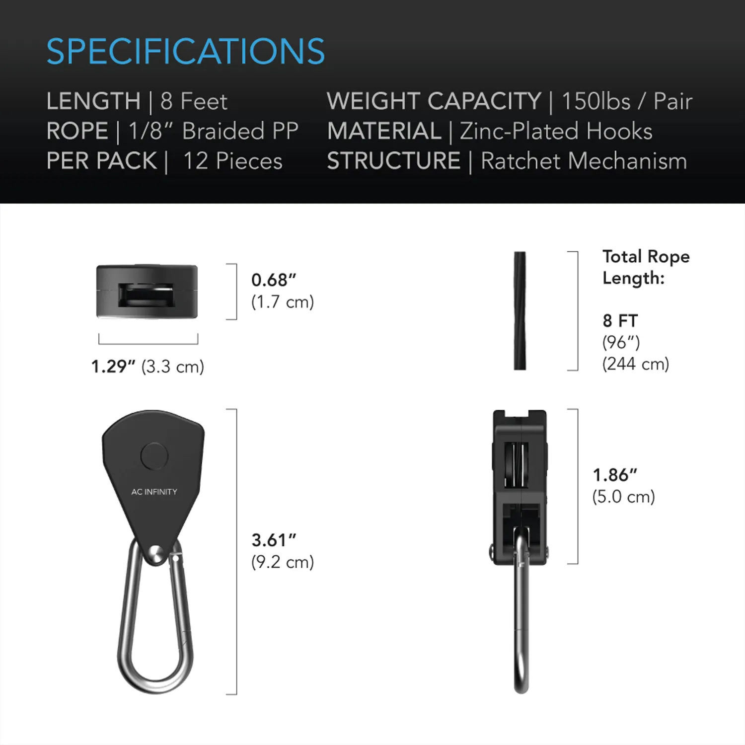 AC Infinity Heavy-Duty Adjustable Rope Clip Hanger, Six Pairs