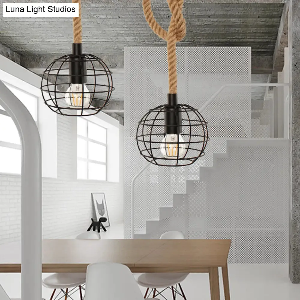 Adjustable Wire Globe Pendant Light with Metal Suspension and Rope in Black - Ideal for Industrial Dining Room Lighting