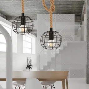 Adjustable Wire Globe Pendant Light with Metal Suspension and Rope in Black - Ideal for Industrial Dining Room Lighting