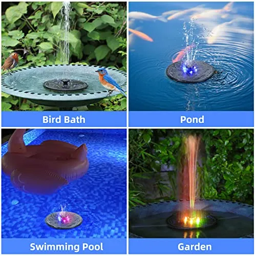 ALUKIKI Solar Powered Fountain 4W Bird Bath Fountains Pump Upgraded Glass Panel Fountains with Color LED Lights 7 Nozzles & 4 Fixers for Garden Small Pond Outdoor Swimming Pool Fish Tank