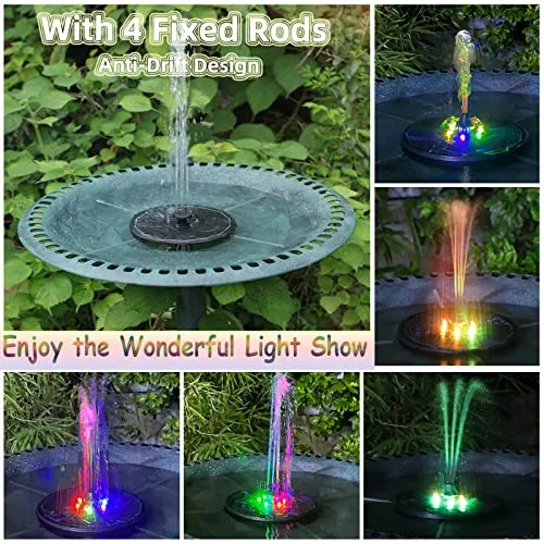 ALUKIKI Solar Powered Fountain 4W Bird Bath Fountains Pump Upgraded Glass Panel Fountains with Color LED Lights 7 Nozzles & 4 Fixers for Garden Small Pond Outdoor Swimming Pool Fish Tank