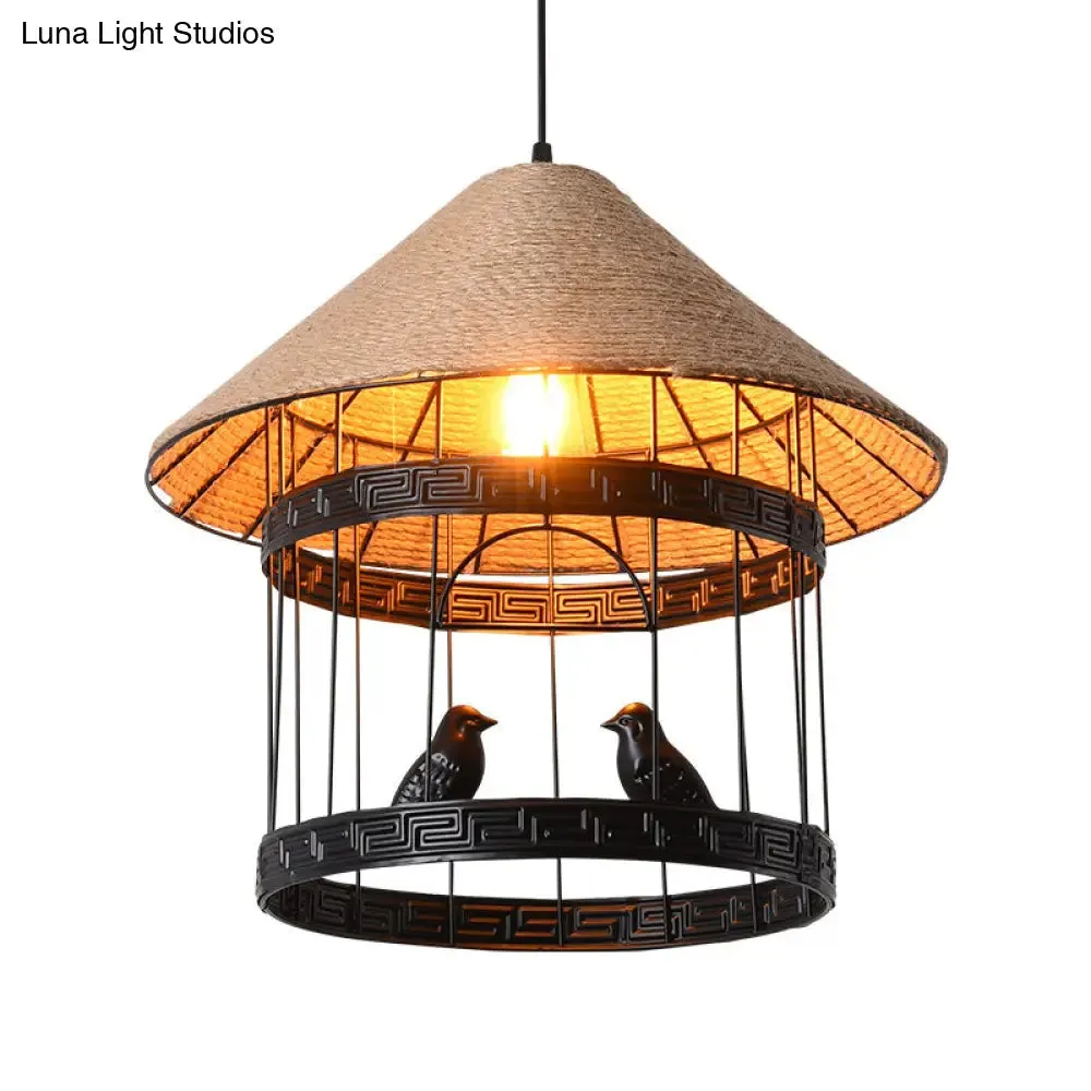 Antique Metallic Black Bird Cage Pendant Lamp with Conical Rope Shade