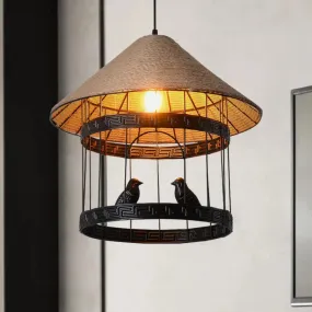 Antique Metallic Black Bird Cage Pendant Lamp with Conical Rope Shade