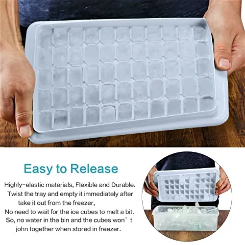 ARTLEO Ice Cube Maker Trays for Freezer with Lid and Storage Box, Easy Release 55 Mini Nugget Ice Cubes Tray with Cover, Ice Holder, Scooper, Flexible Durable Plastic Ice Mold & Bin, BPA Free