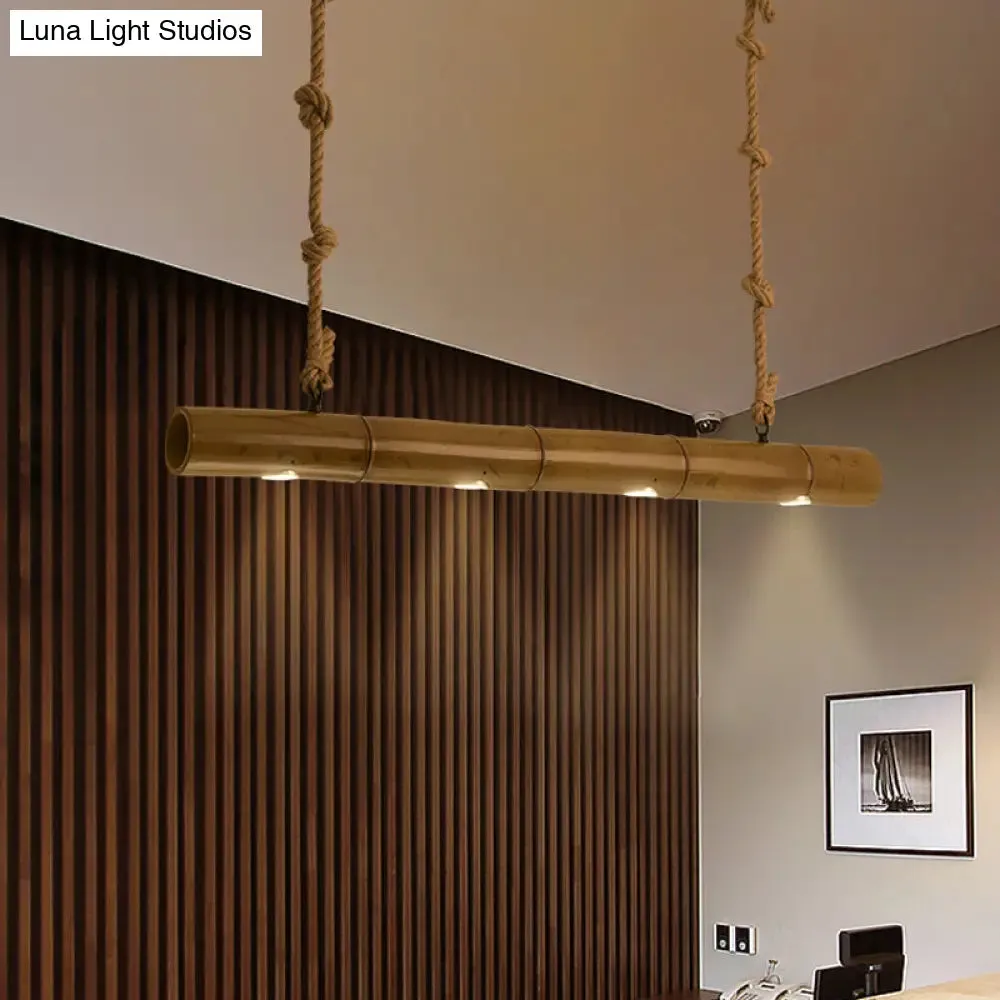 Bamboo Tube Island Lighting - Farmhouse Pendant Light with 4 Bulbs, Yellow and Brown, Rope Included