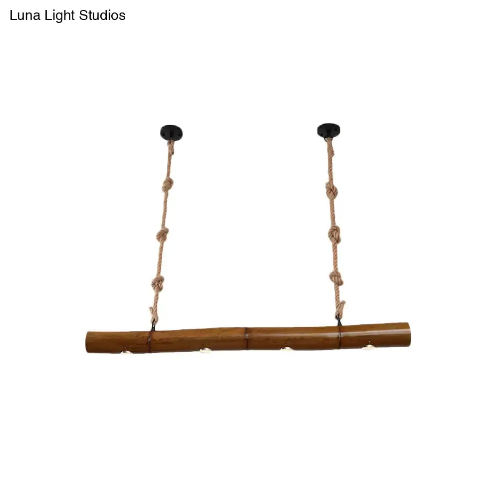 Bamboo Tube Island Lighting - Farmhouse Pendant Light with 4 Bulbs, Yellow and Brown, Rope Included