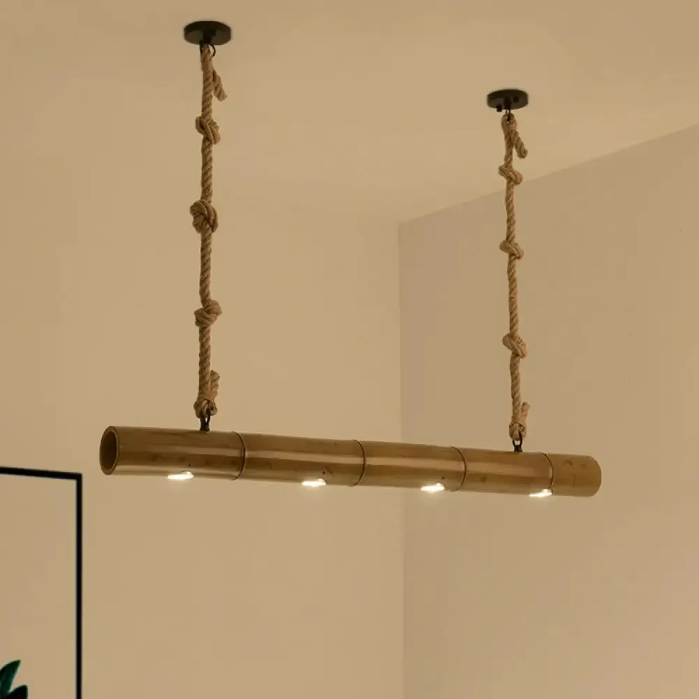 Bamboo Tube Island Lighting - Farmhouse Pendant Light with 4 Bulbs, Yellow and Brown, Rope Included