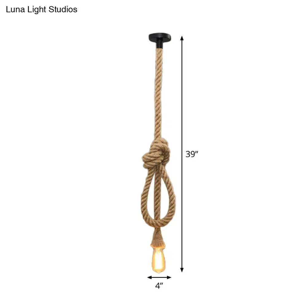 Bare Bulb Design Hemp Rope Ceiling Pendant Light - Brown Knot, Farmhouse Style