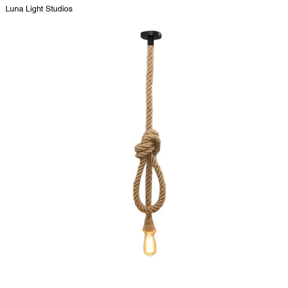 Bare Bulb Design Hemp Rope Ceiling Pendant Light - Brown Knot, Farmhouse Style