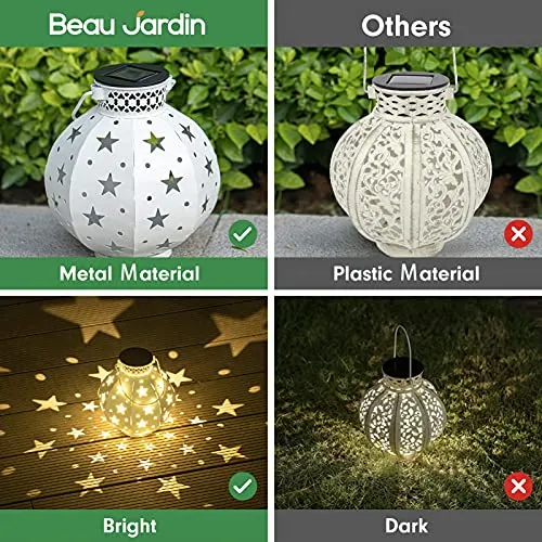 BEAU JARDIN 4 Pack Outdoor Solar Lantern Hanging Lights Metal Warm White Waterproof Landscape Lighting for Table Patio White BG438