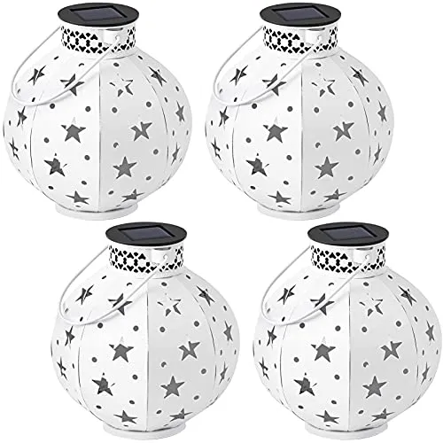 BEAU JARDIN 4 Pack Outdoor Solar Lantern Hanging Lights Metal Warm White Waterproof Landscape Lighting for Table Patio White BG438