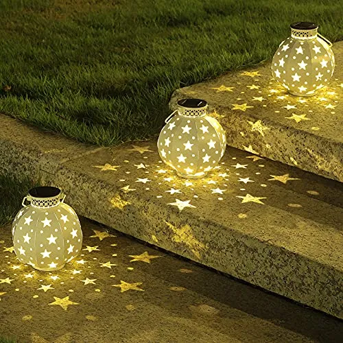 BEAU JARDIN 4 Pack Outdoor Solar Lantern Hanging Lights Metal Warm White Waterproof Landscape Lighting for Table Patio White BG438