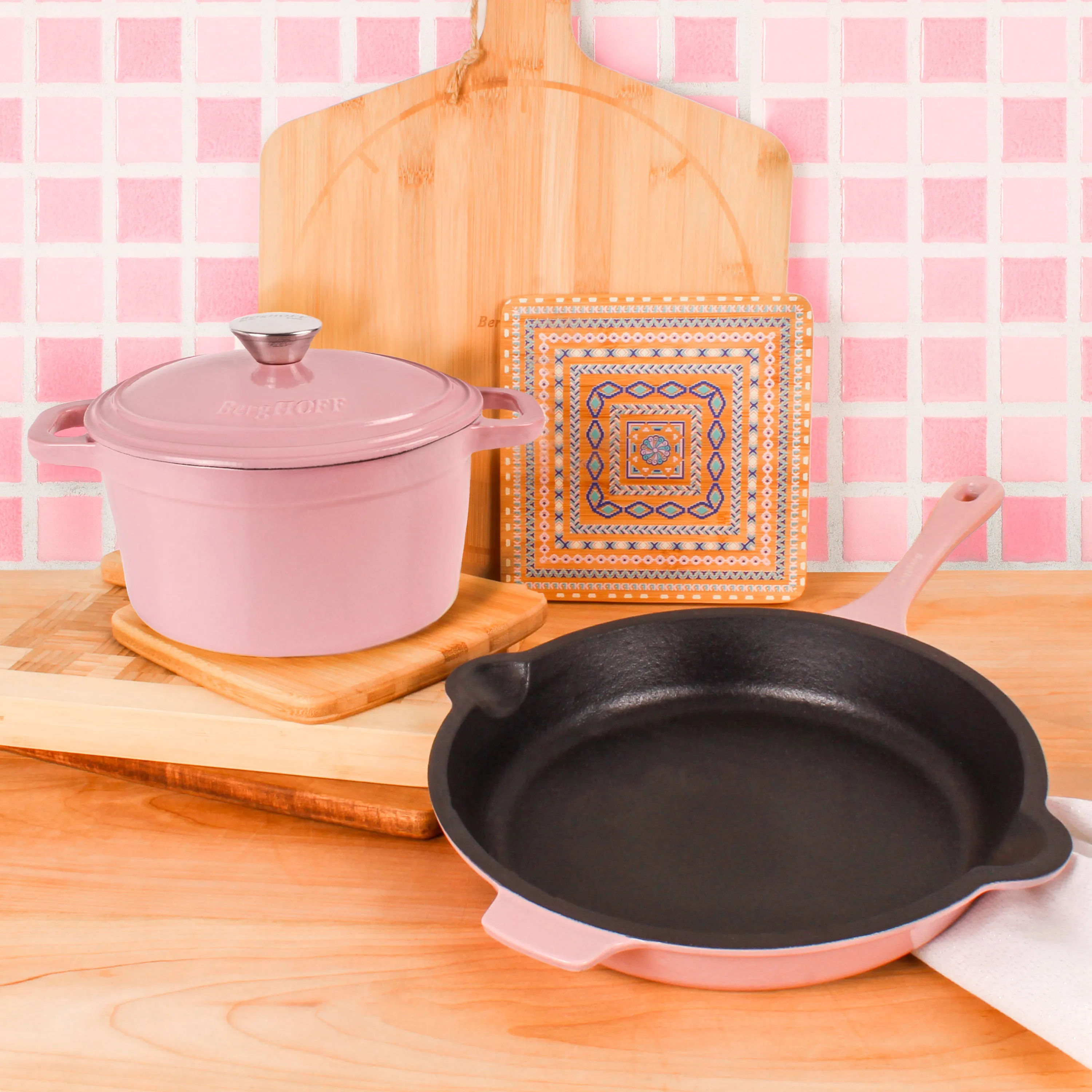 BergHOFF Neo 3pc Cast Iron Cookware Set, Fry Pan & Round Dutch Oven, Pink