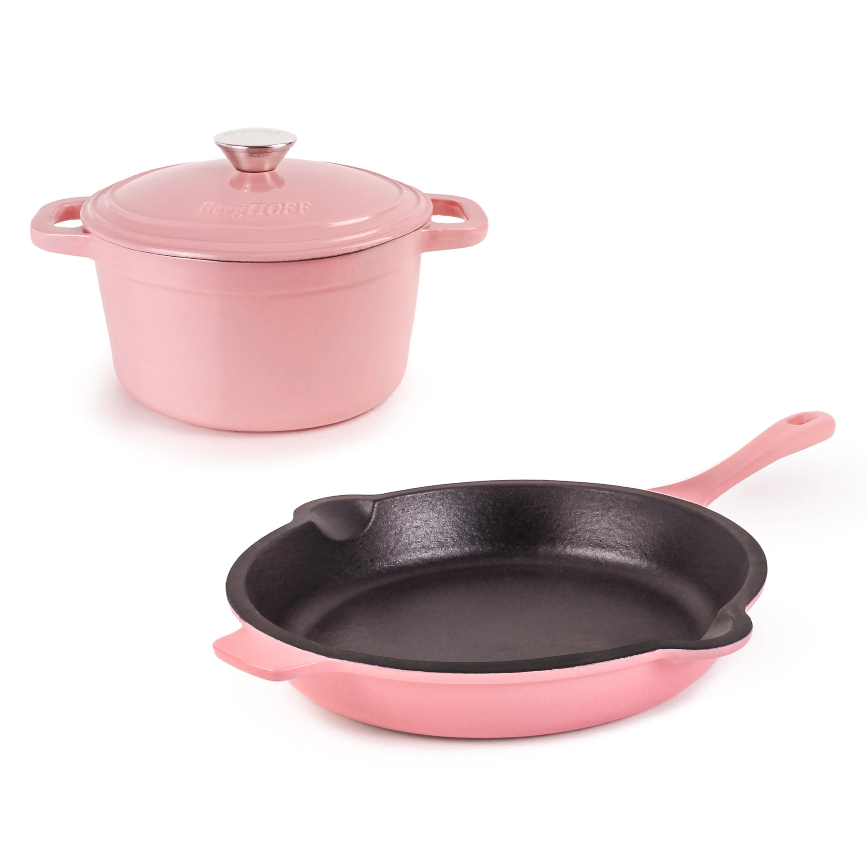 BergHOFF Neo 3pc Cast Iron Cookware Set, Fry Pan & Round Dutch Oven, Pink