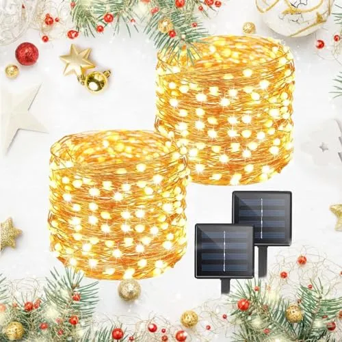 BHCLIGHT Solar String Lights Outdoor, 2-Pack 80FT 200 LED Christmas Lights, Waterproof Copper Wire 8 Modes Solar Fairy Lights for Garden Patio Tree Christmas Party Wedding Decor(Warm White)