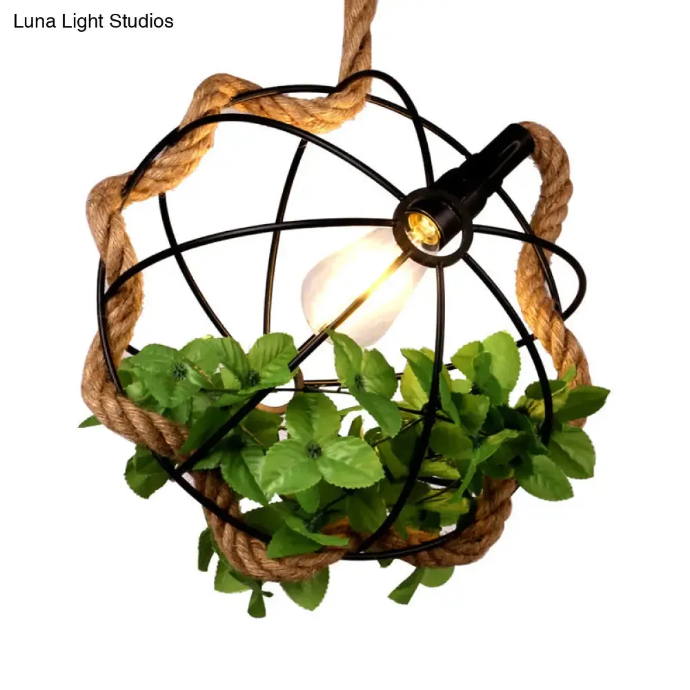 Black Metal Pendant Light with Rope and Leaf for Restaurant and Lodge