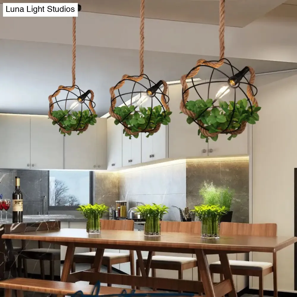 Black Metal Pendant Light with Rope and Leaf for Restaurant and Lodge