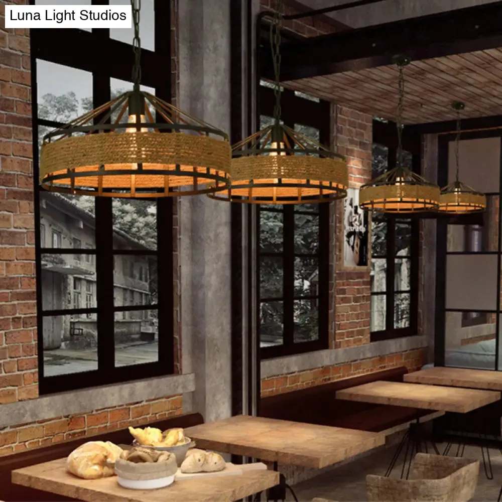 Black Yurt Loft Hemp Rope Pendant Ceiling Lamp - 1 Bulb Hanging Light for Dining Room