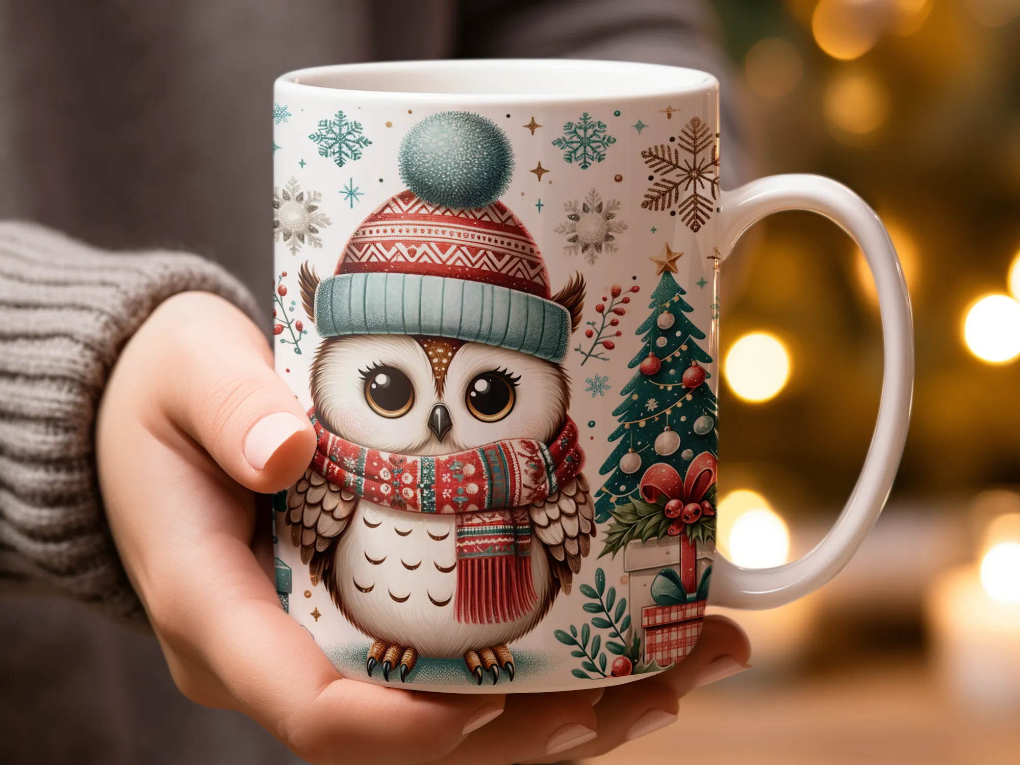 Blue Gold Christmas Owl Coffee Mug, Christmas Gift for Her, Holiday Gift for Women, Winter Owl Mug, Blue Gold Coffee Cup