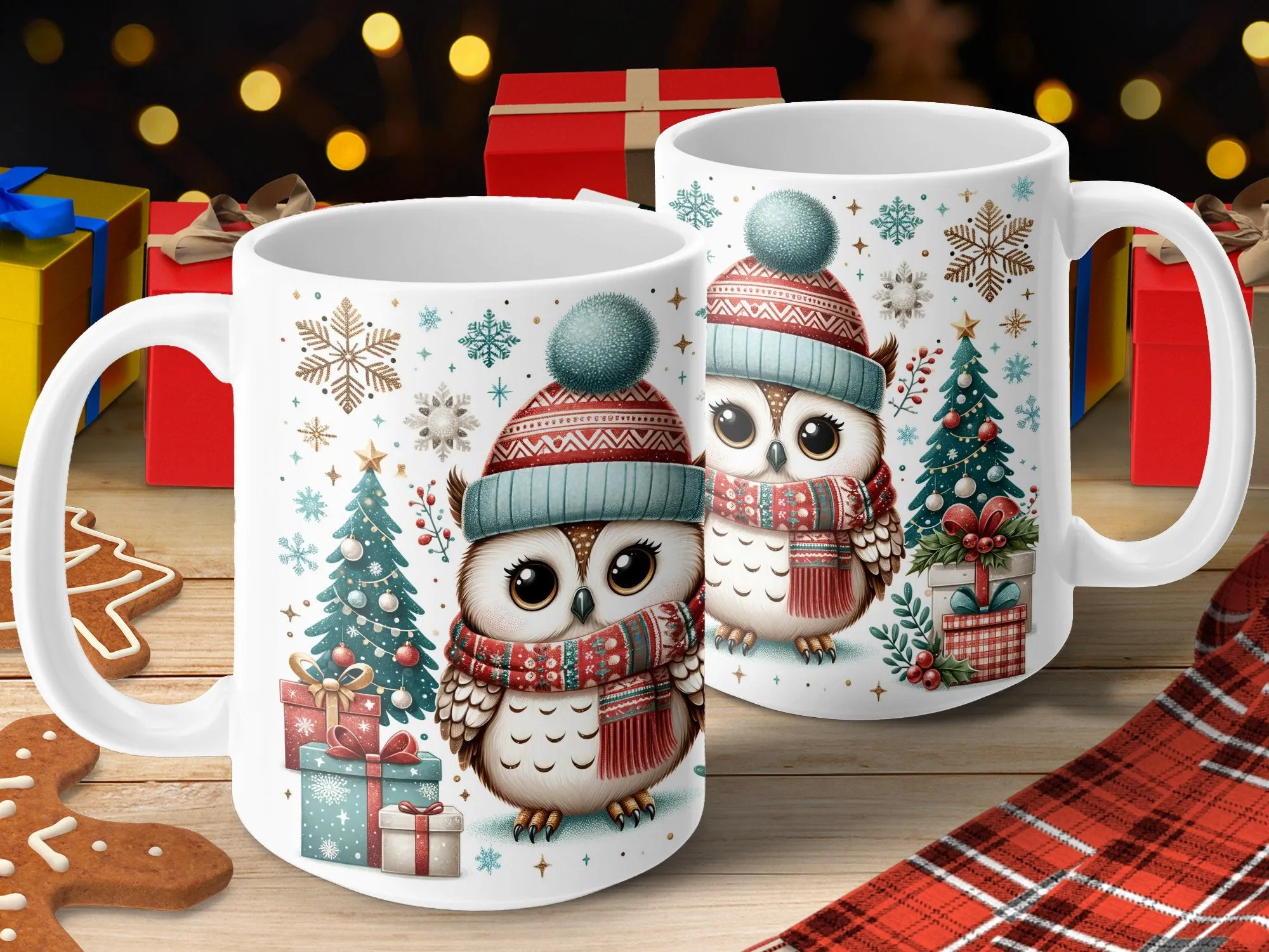 Blue Gold Christmas Owl Coffee Mug, Christmas Gift for Her, Holiday Gift for Women, Winter Owl Mug, Blue Gold Coffee Cup