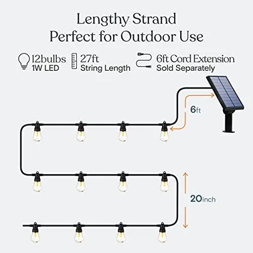 Brightech Ambience Pro Solar Powered Outdoor String Lights, Commercial Grade Waterproof,Shatterproof Patio Lights, 27 Ft Edison Bulbs, 1W LED, Soft White Light