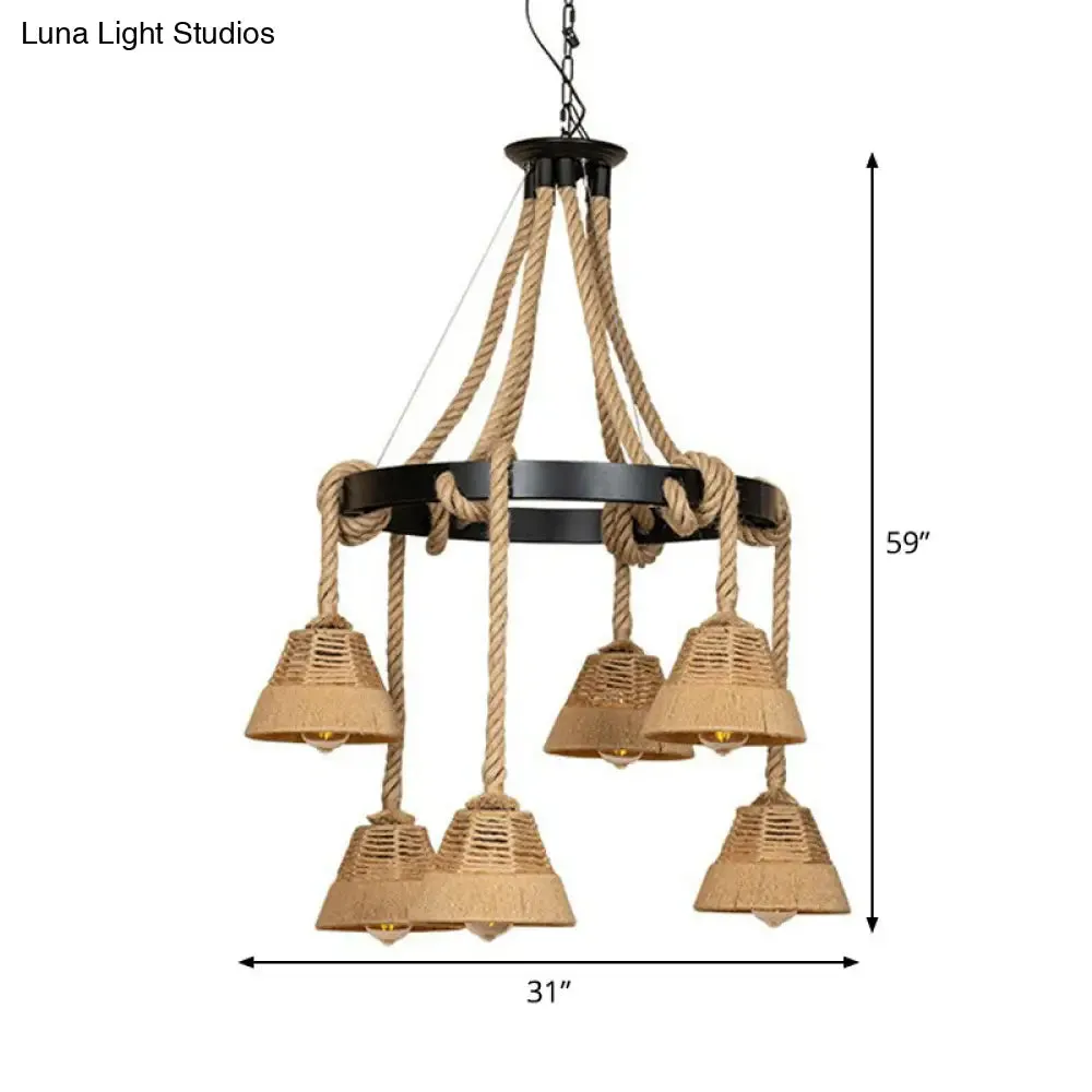 Carillon Cottage Brown Rope Pendant Chandelier - 6 Lights - Ideal for Restaurants