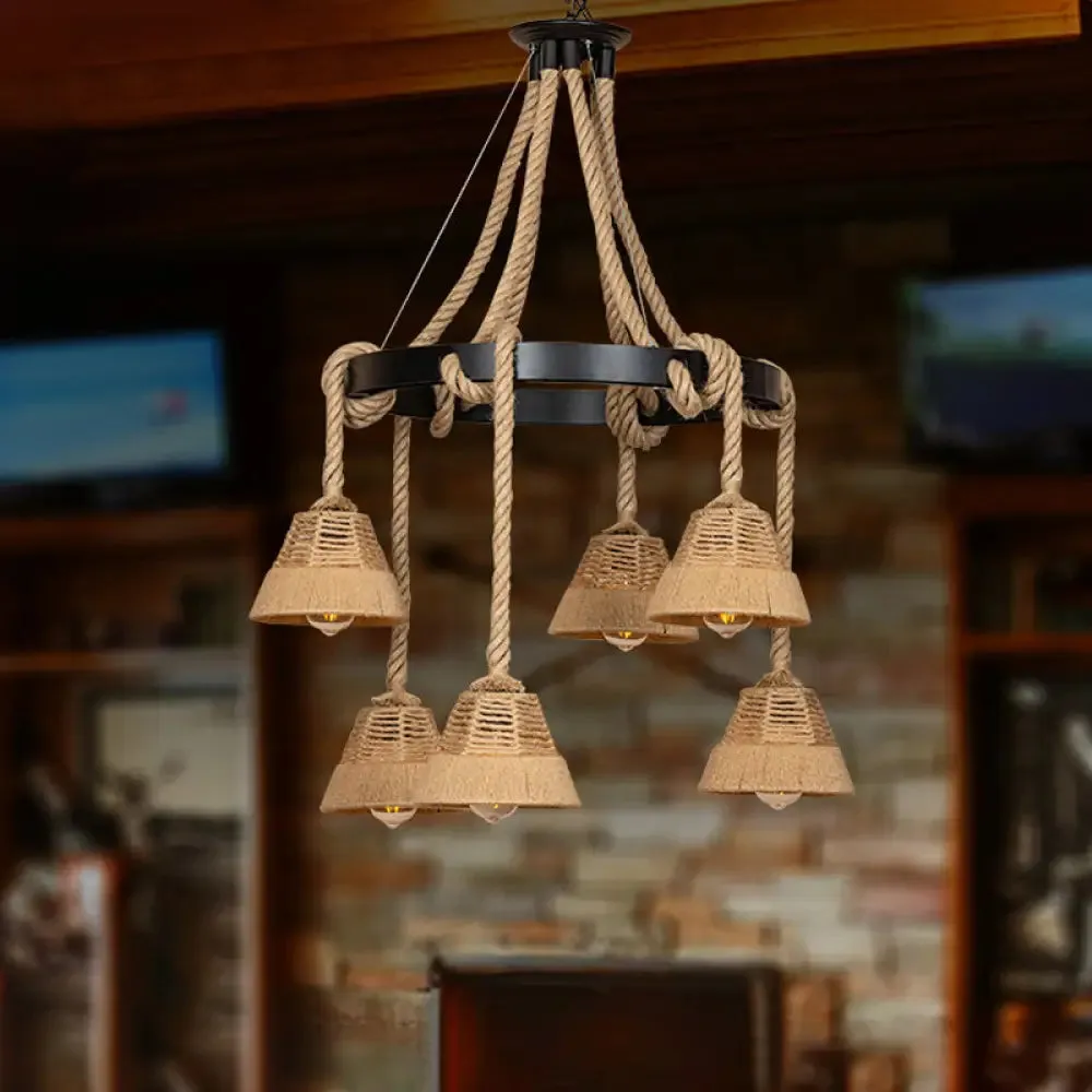 Carillon Cottage Brown Rope Pendant Chandelier - 6 Lights - Ideal for Restaurants