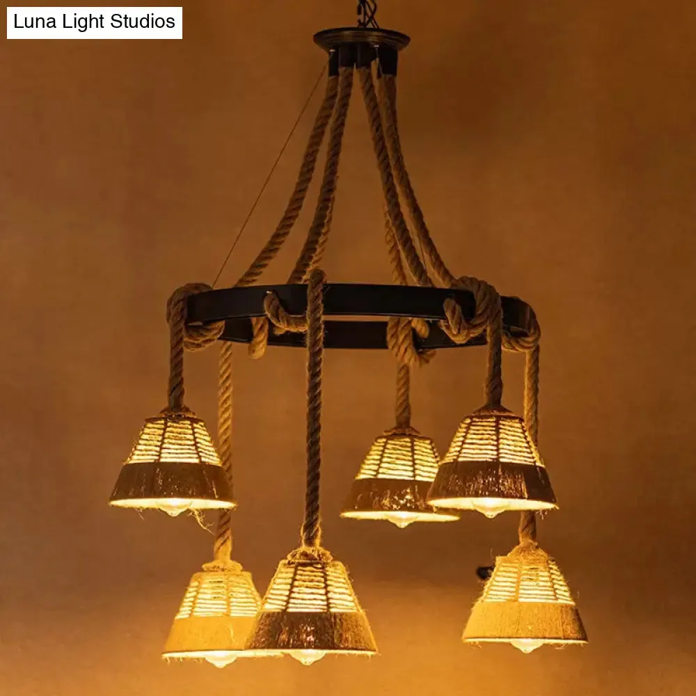 Carillon Cottage Brown Rope Pendant Chandelier - 6 Lights - Ideal for Restaurants