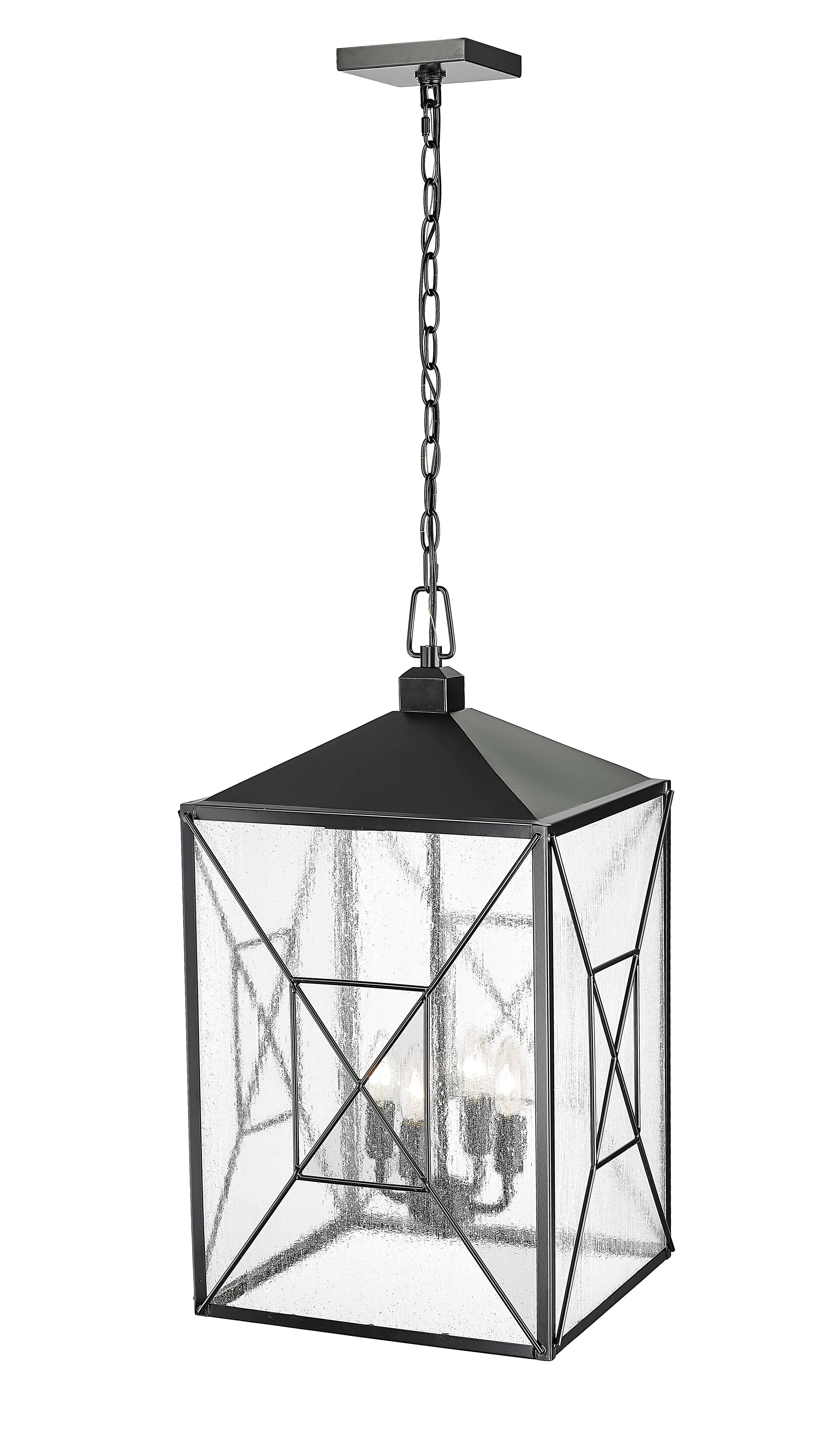 Caswell Outdoor Hanging Lantern - Powder Coated Black - Clear Seeded Glass - 13.5in. Diameter - E12 Candelabra Base