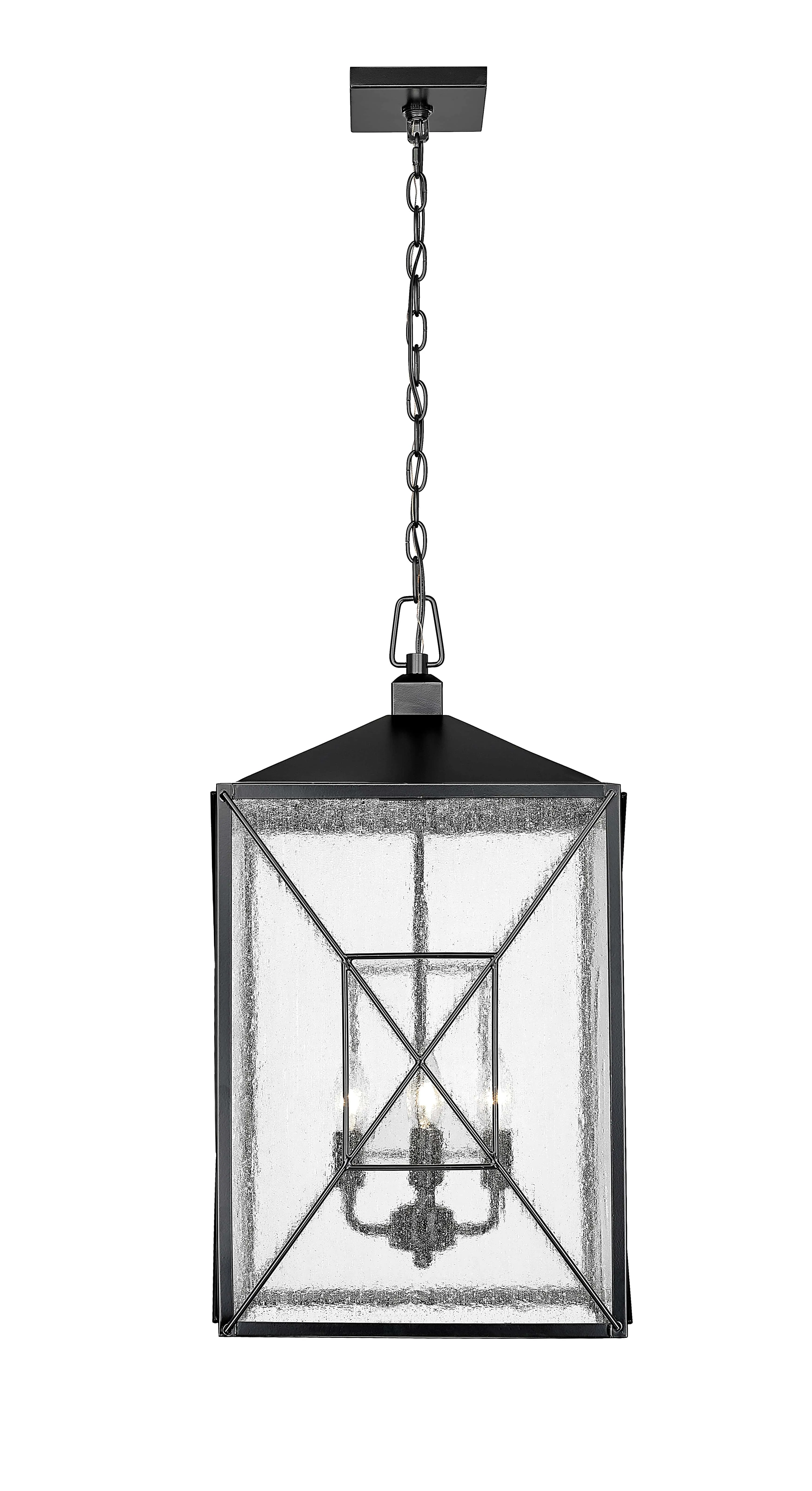 Caswell Outdoor Hanging Lantern - Powder Coated Black - Clear Seeded Glass - 13.5in. Diameter - E12 Candelabra Base