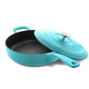 Chantal 5 qt. Round Cast-Iron Saute Skillet w/ Lid - Sea Blue