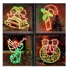 Christmas Window Silhouette Lights Decorations - Pack of 4 Sign Colour Lighted Wreath, Candy Cane, Bell, and Angel for Holiday Indoor Wall Door Glass Decor