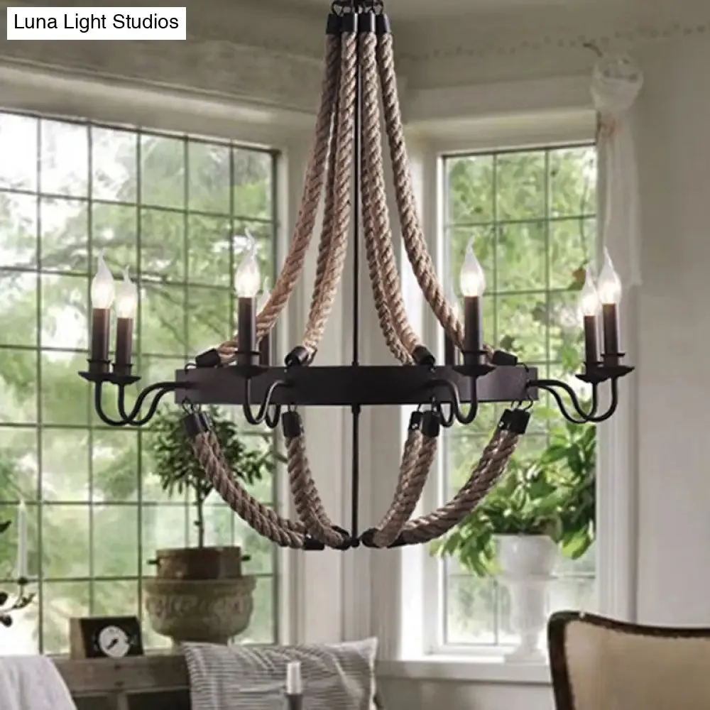 Circular Black Metal Ring Pendant Light with Rope Hanging - Industrial Ceiling Fixture