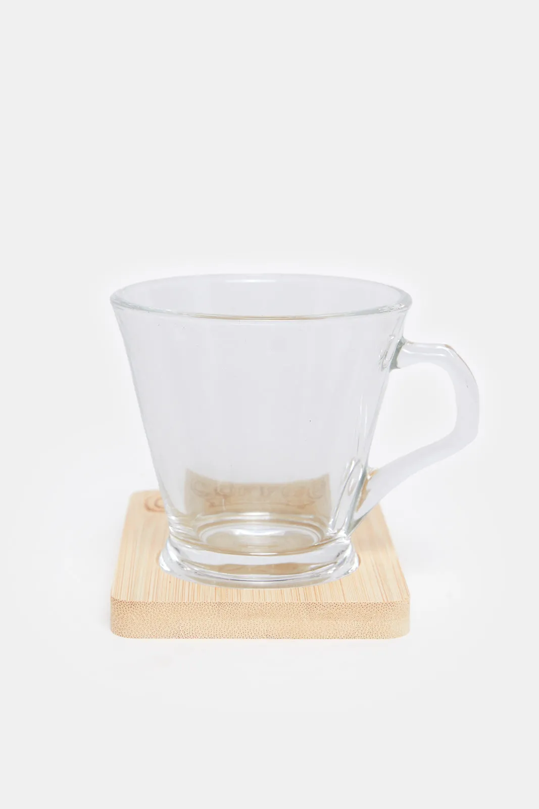 Clear Glass Cup With Wooden Coaster Set ( 4 Piece)