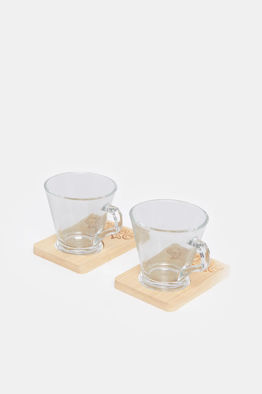 Clear Glass Cup With Wooden Coaster Set ( 4 Piece)