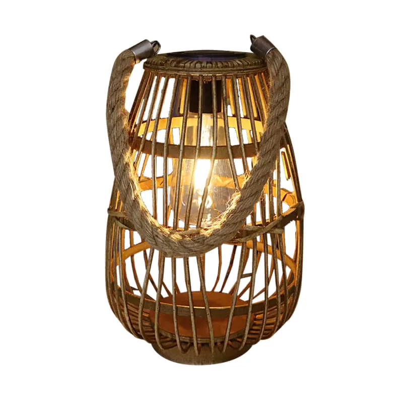 Contemporary Retro Hemp Rope Rattan Weaving Cage LED Solar Waterproof Standing Floor Lamp For Garden