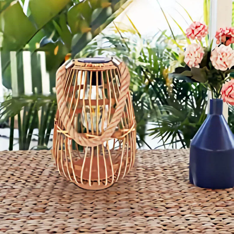 Contemporary Retro Hemp Rope Rattan Weaving Cage LED Solar Waterproof Standing Floor Lamp For Garden