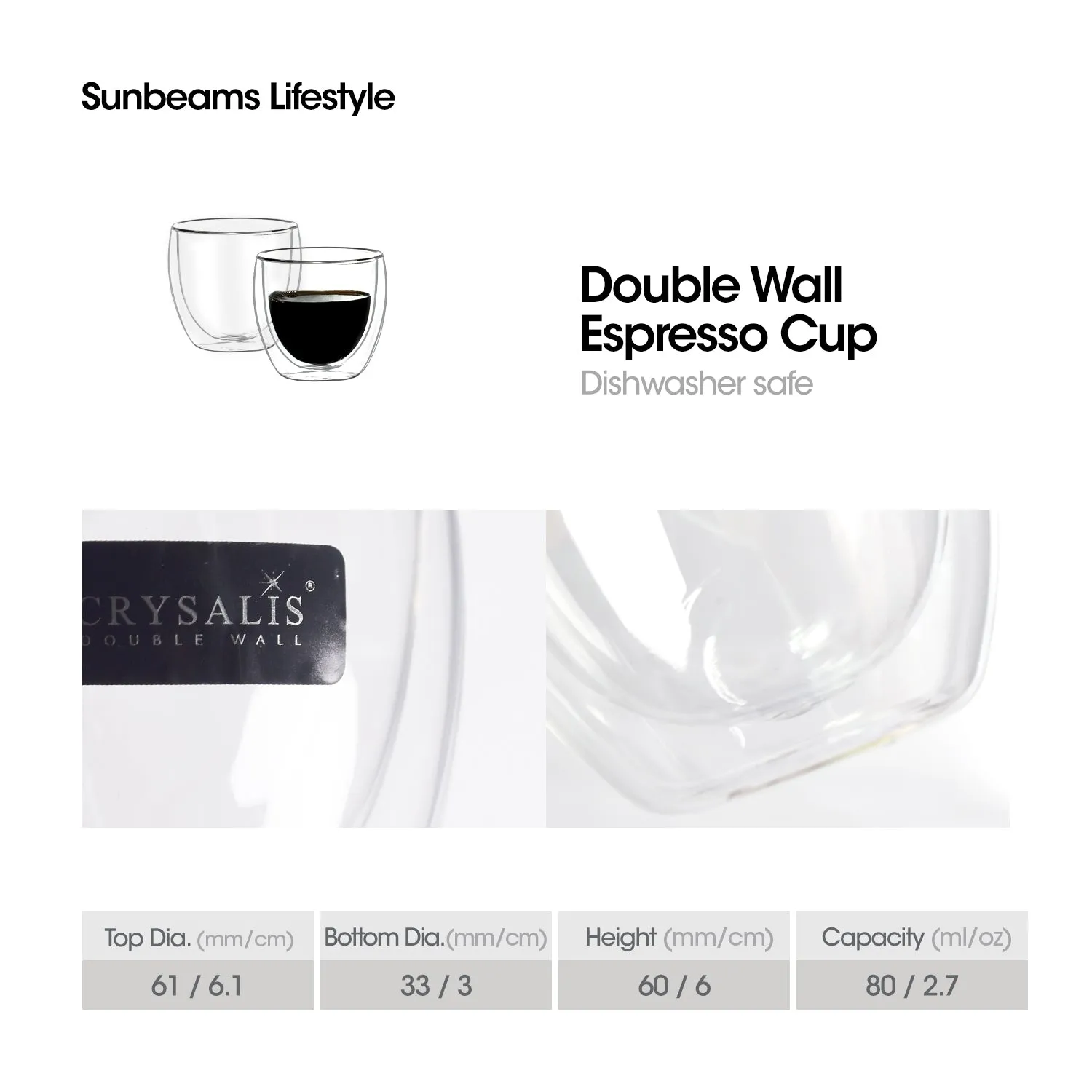 CRYSALIS Premium Coffee Cup Double Wall 80ml Set of 2